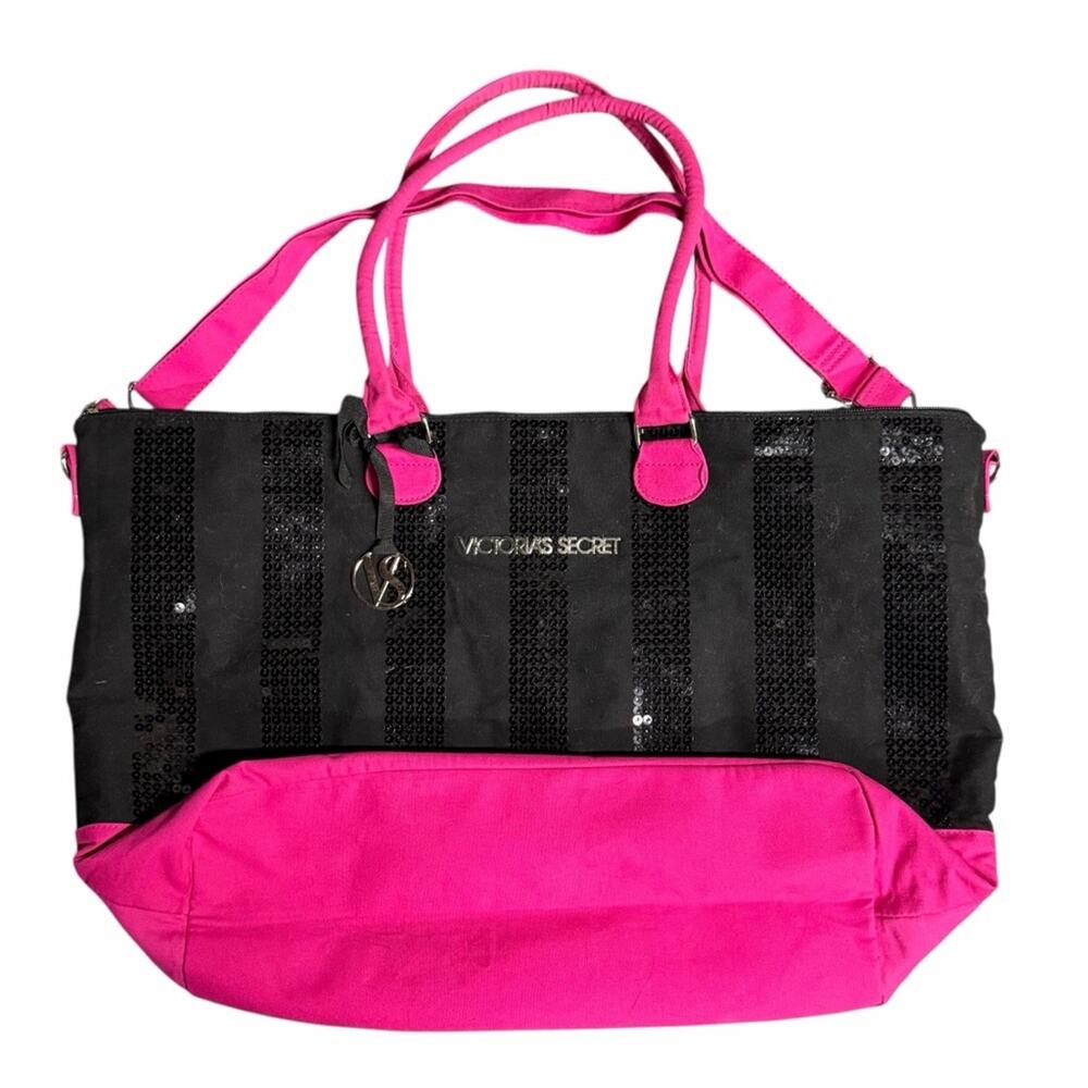 Victoria's Secret Weekender Tote Bag Black and Pink Sequins - Picture 3 of 6